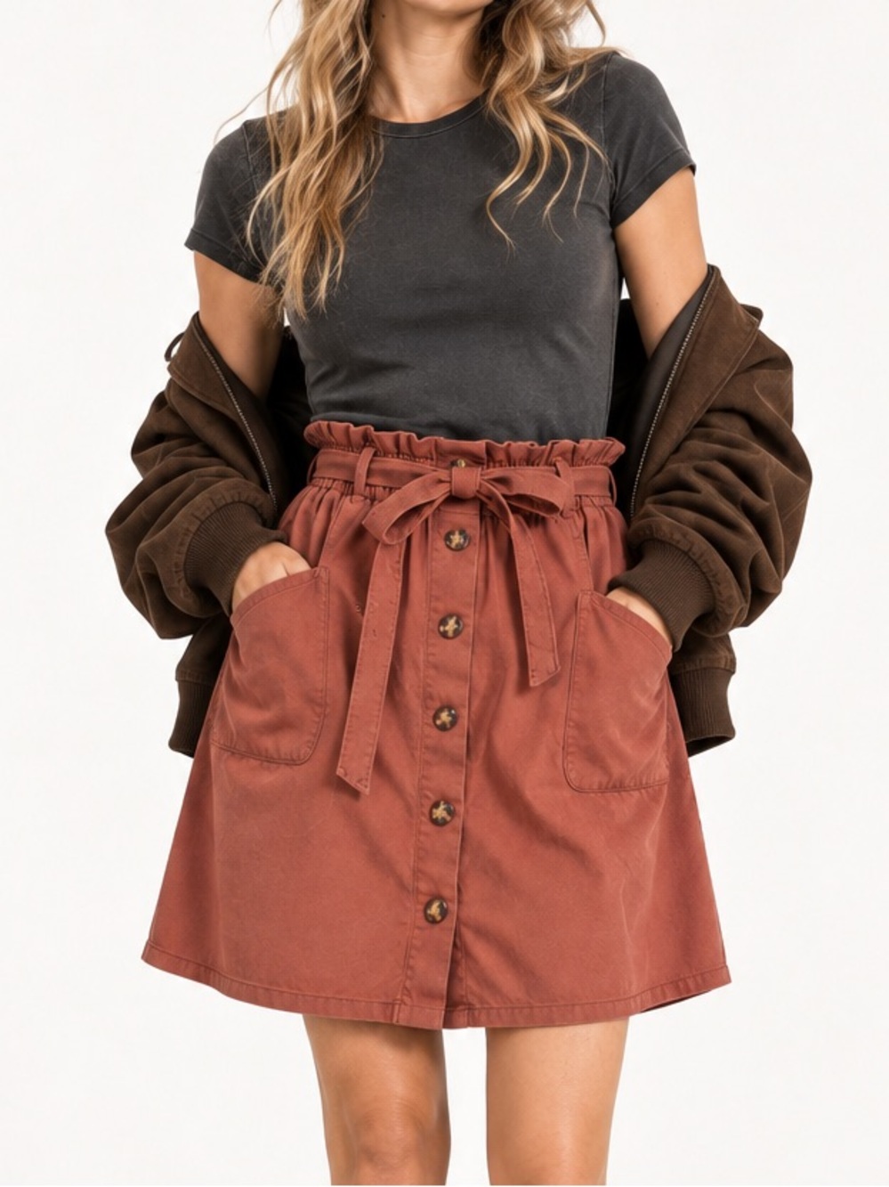 Sadie & Love Rust Cotton Paperbag Waist Button Front Utility Mini Skirt S